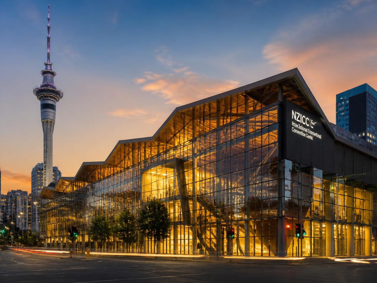 New Zealand International Convention Centre exterior at dusk